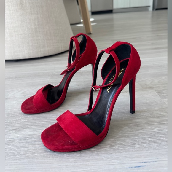 YSL Saint Laurent Red suede high heel ankle strap Sandals 37 - Picture 1 of 9